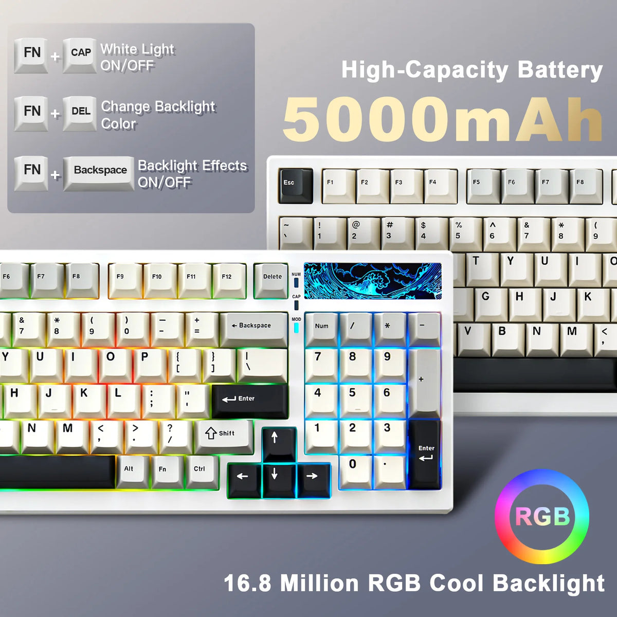 YUNZII YZ98 White Full Size Mechanical Gaming Keyboard, Vintage 99 Keys Hot Swap Gasket 98% Layout Wireless RGB Backlit Keyboard