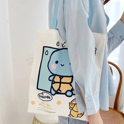Pikachu Pokemon Canvas Tote Kawaii Psyduck Cute Autumn/Winter Daily Portable Handbag Shopping Grocery Reusable School Gifts ﻿