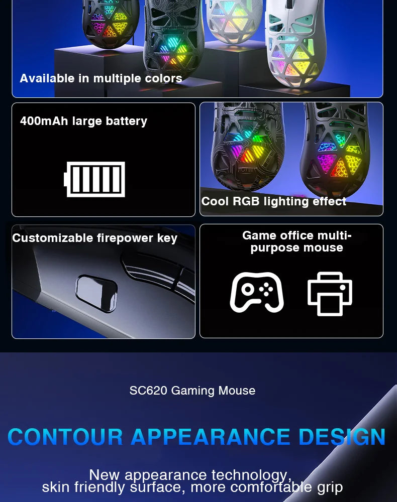AULA SC620 Wireless Gaming Mouse, Lightweight Design, Multiple Lighting Effects, Customizable Fire Button, Optical Movement Dete