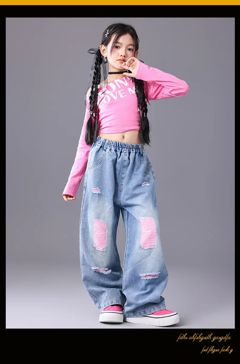 Girls Hip Hop Off Shoulder Crop Top ‌Street Dance Skirts Cargo Pants Children Streetwear Jeans Kids K-pop Girl Group Clothes Set