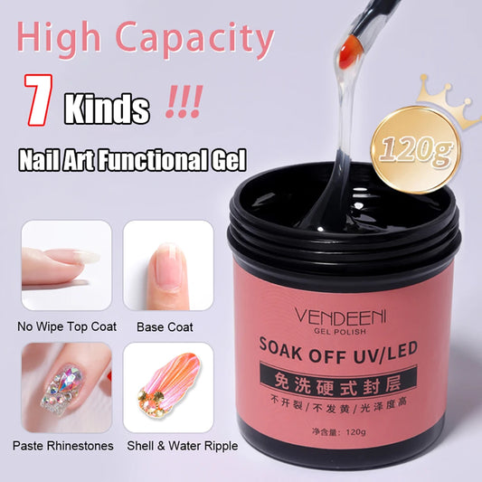 Vendeeni 120g High Capacity Nail Art Functional Gel No Wipe Top Coat Base Coat Painless Extension Gel Leveling Reinforcing Gel