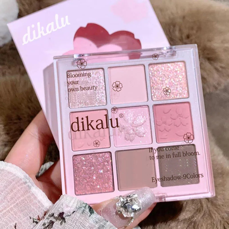 DIKALU 9-Color Sakura Eyeshadow Palette Glitter Matte Low Saturation Pink Brown Nude Makeup Shimmer Eye Pigments Long Lasting