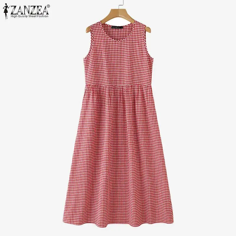 ZANZEA Summer Plaid Checked Sundress Bohemain Holiday Dresses Women Elegant O Neck Sleeveless Dress Casual Baggy Work Vestidos