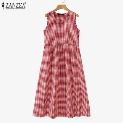 ZANZEA Summer Plaid Checked Sundress Bohemain Holiday Dresses Women Elegant O Neck Sleeveless Dress Casual Baggy Work Vestidos