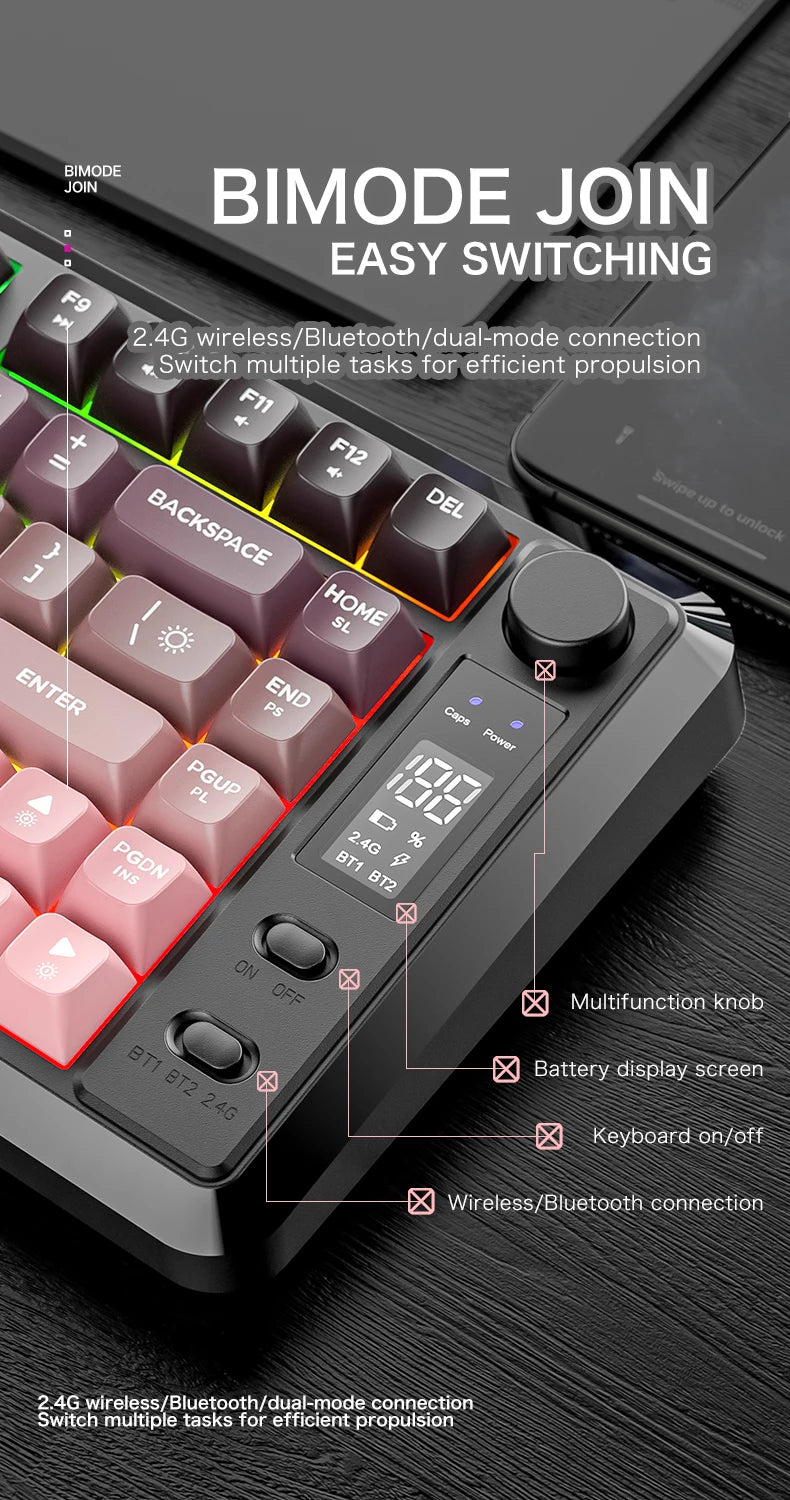FREEWOLF M75 Wireless Keyboard, Bluetooth Dual-mode, PBT Gradient Ball Cap, With Display Screen, Gaming Keyboard