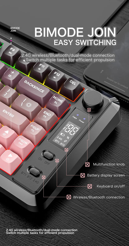 FREEWOLF M75 Wireless Keyboard, Bluetooth Dual-mode, PBT Gradient Ball Cap, With Display Screen, Gaming Keyboard
