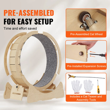 SucceBuy Wooden Cat Exercise Wheel Large Cat Treadmill Wheel for Indoor Cat Running Wheel with Detachable Carpet& Cat Teaser