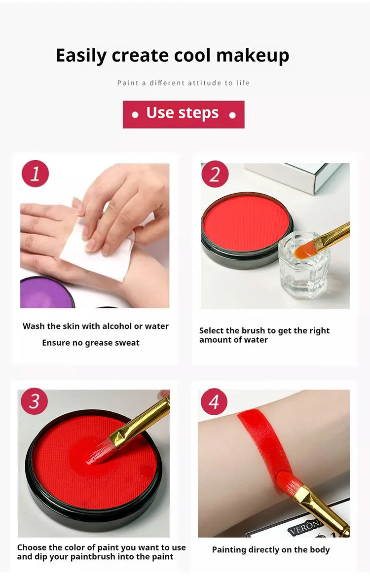 Black White Red 30G Monochromatic Water Solubility Body Makeup Face Paint with Brushes for Halloween Christmas Masquerade Party