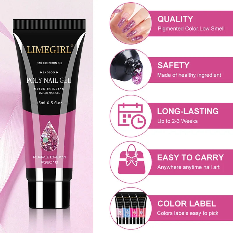 LIMEGIRL 15ml Nail Art Kit Poly Nail Gel Extending Set Cat Eye Extension Gel Nail Art Acrylic Gel Varnish Kit for Novice Beginne