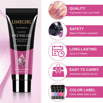 LIMEGIRL 15ml Nail Art Kit Poly Nail Gel Extending Set Cat Eye Extension Gel Nail Art Acrylic Gel Varnish Kit for Novice Beginne