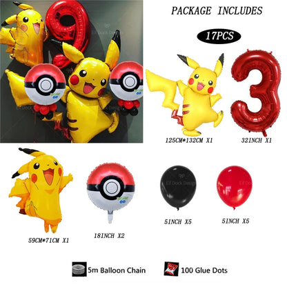 17pcs Pokemon Pikachu Theme Suit Balloon 40inch Red Number 1-9Foil Balls Children Birthday Party Decora Supplies Baby Shower
