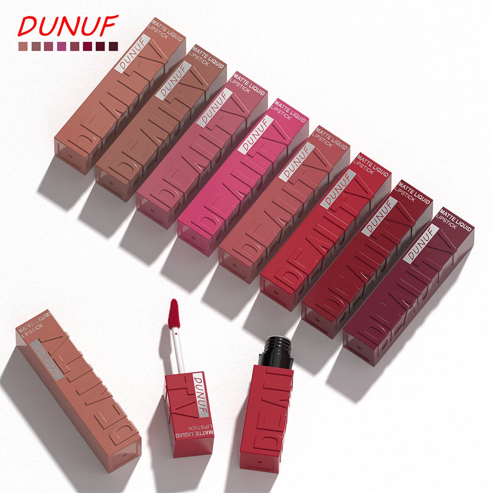 DUNUF  8-color matte velvet smooth easy-to-apply square tube lip gloss waterproof three-dimensional plumping lipstick