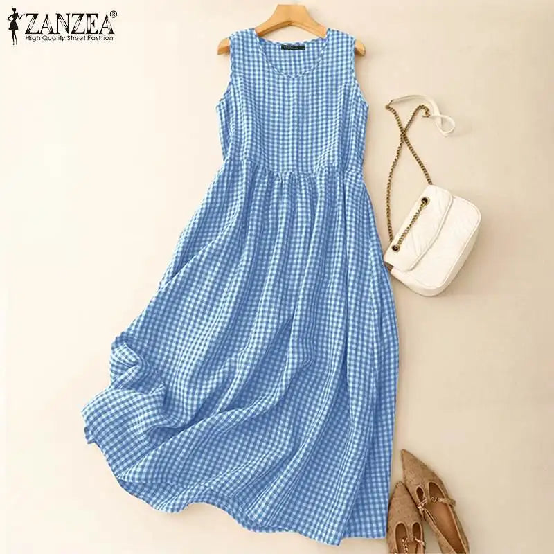 ZANZEA Summer Plaid Checked Sundress Bohemain Holiday Dresses Women Elegant O Neck Sleeveless Dress Casual Baggy Work Vestidos