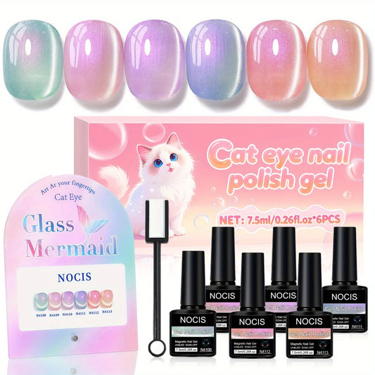 Cat Eye Gel Nail Polish Set - 6 Colors 0.26oz Summer Chameleon Cat Eye Green Purple Mermaid Gel with Magnet Soak