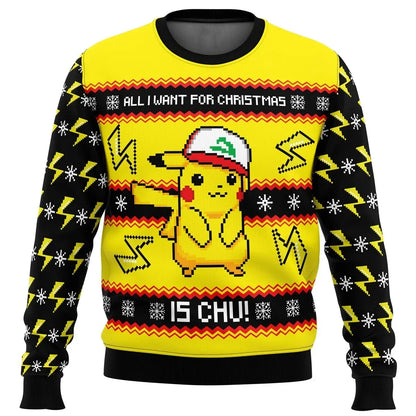 Bandai Pokemon Anime Peripheral Pikachu Adult Kids Ugly Christmas Crewneck Sweatshirt Soft Comfy Loose Plus Size Autumn Winter