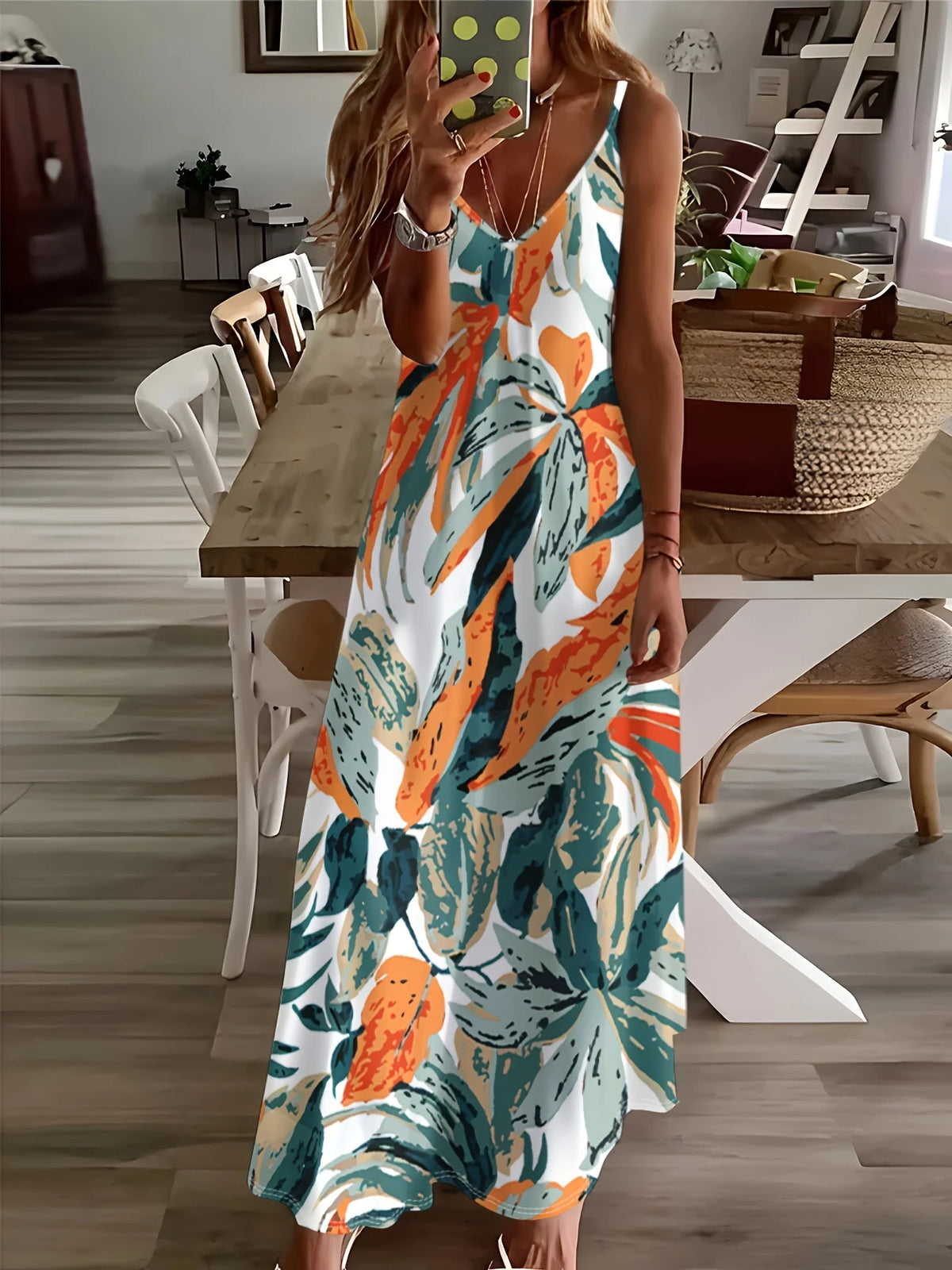 Boho Long Sleeve Floral Print Dress for Women Casual Summer Maxi Dress with V Neck Elastic Waist Flowy A Line Dress