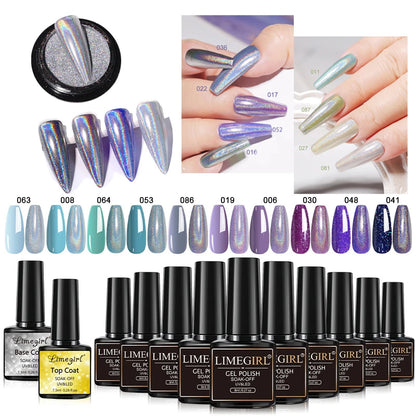 LIMEGIRL 10 Colors Nail Gel Set UV Soak Gel Base Coat Gel with Laser Powder Nail Art DIY Semi-Permanent Gel Varnish Kit