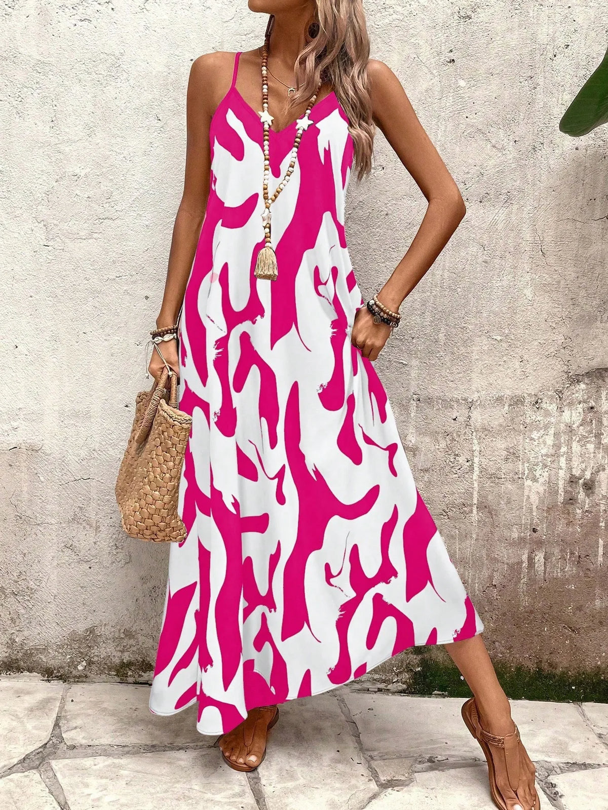 Summer 2026 Women's Fashion Slim Fit Floral Print V-Neck Loose Holiday Style Dress Knitted Fabric A- Line Skirt Casual Wear