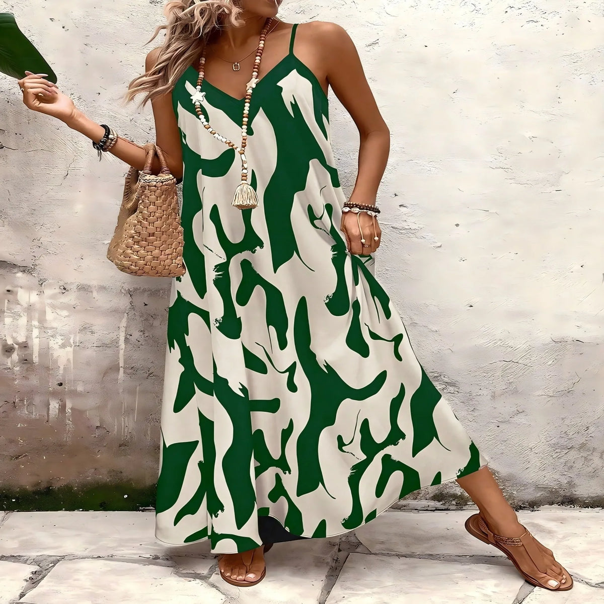 Summer 2026 Women's Fashion Slim Fit Floral Print V-Neck Loose Holiday Style Dress Knitted Fabric A- Line Skirt Casual Wear