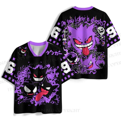 Men's New Gengar Jersey Purple Splash Graphic V-Neck Short Sleeve Pokémon Anime Fan Casual Streetwear Sportswear