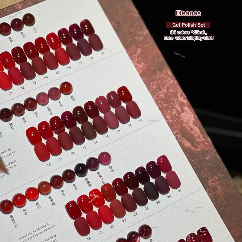 Eleanos Christmas 36pcs Fall Winter Red Gel Nail Polish Set With Color Card Korean Style Gel Kit Nail UV LED Varnishes Nail Art