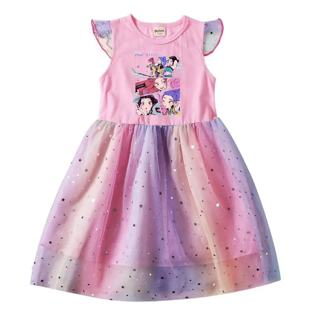 Girls' K-Pop Hunters "Chibi Rainbow" Princess Dress: Flying Sleeve Tutu with Star Sequins