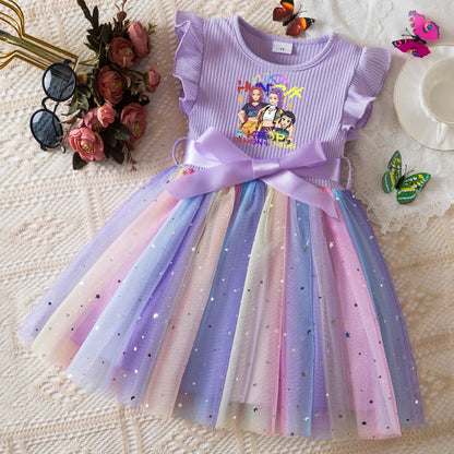 Girls' HUNTRX Rainbow Tulle Princess Dress: Sequin Star & Chibi Idol Party Gown