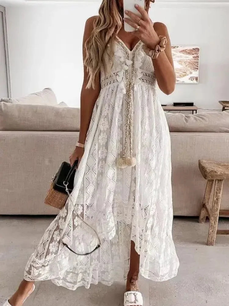 2024 Summer Lace Sleeveless Women Dress V Neck Hollow Out Elegant Loose Dresses Fashion Sexy Beach Vacation Long Dress