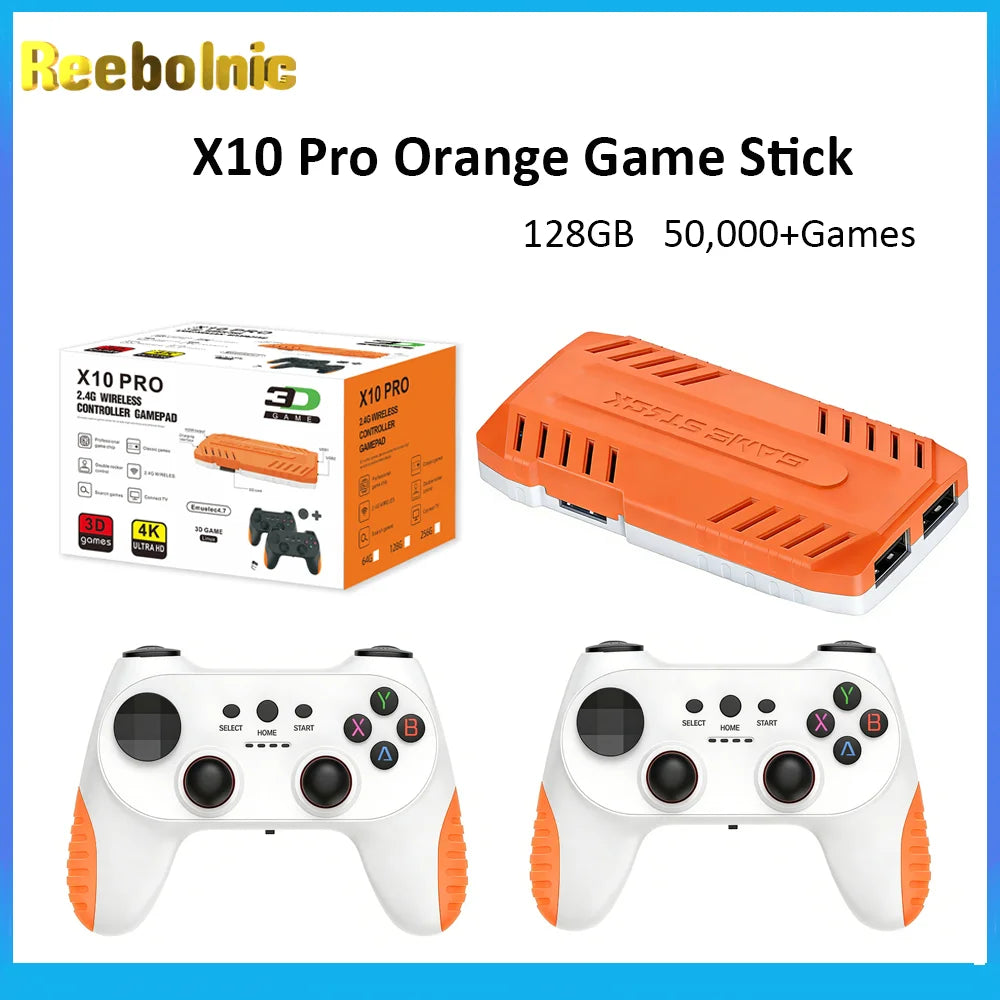 Reebolnic X10 Pro 128G 50000+Game Installed Retro Video Game Console 4K HD 50+Simulators Wireless X10 Pro Orange Game Stick