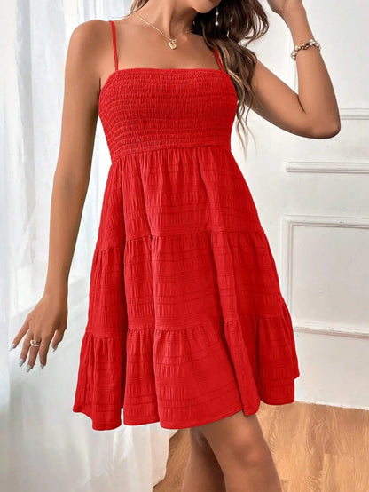 Women's Fashion Spaghetti Strap Smocked Bustier Mini Dress Blue Ruffled Tiered Swing Dress Summer Casual Vacation Beach Wear