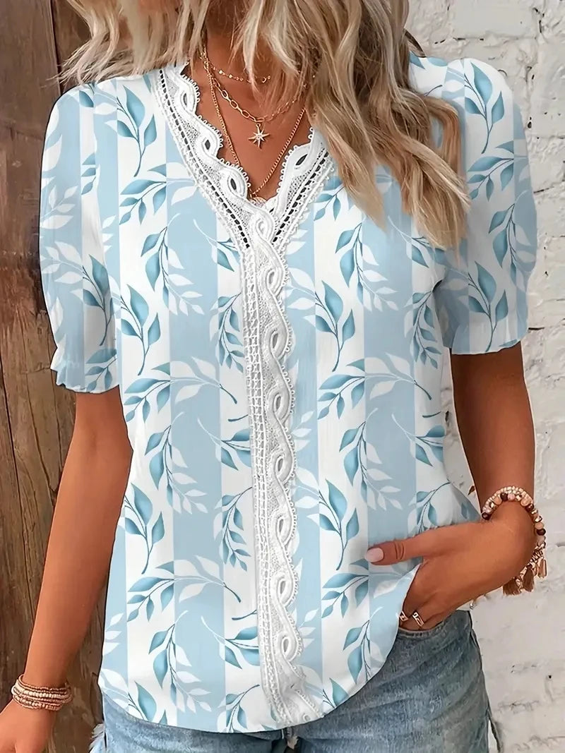 2024 Fashion Casual Vacation Shirt Women Summer V Neck Hollow Out Solid Color Blouse Female Elegant Striped Jacquard Casual Tops