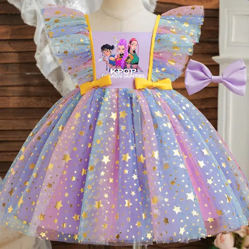 Girls' K-Pop "Starry Gala" Tutu Dress: Rainbow Tulle Gown with Gold Sequins & Ruffle Sleeves