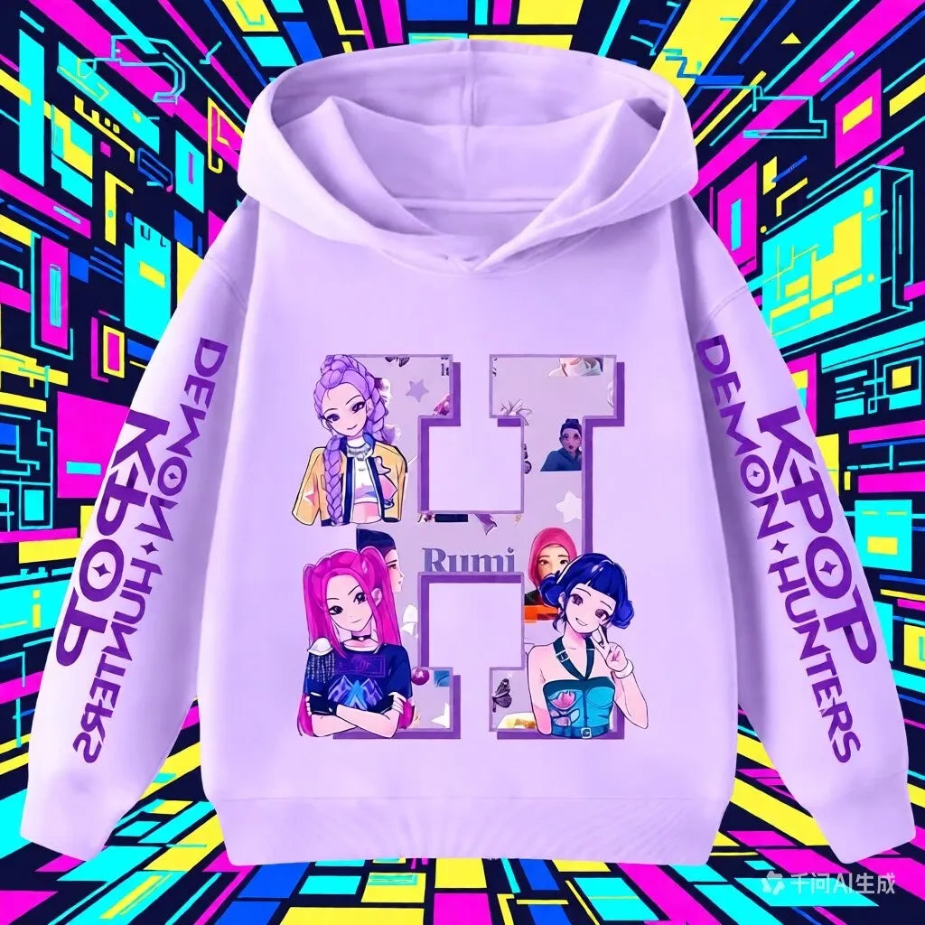 Hoodie for children with letters A-Z, Kpop Demon Hunters sportswear for girls, casual top for autumn and winter long sleeve