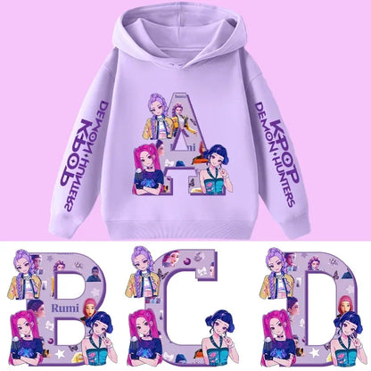 Hoodie for children with letters A-Z, Kpop Demon Hunters sportswear for girls, casual top for autumn and winter long sleeve