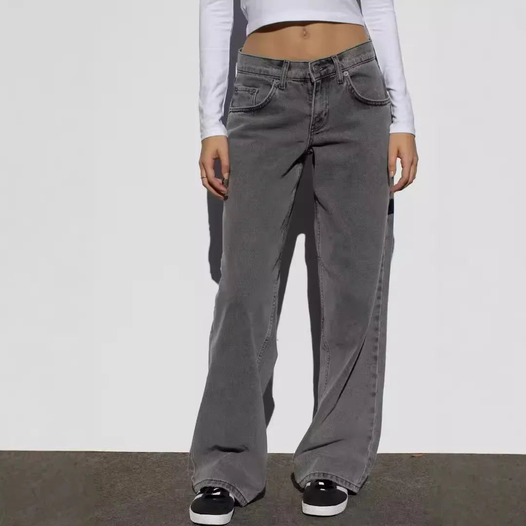 Vintage Distressed Straight-Leg High-Waisted Washing Jeans Loose-Fit Draped Versatile European And American Style Denim Pants