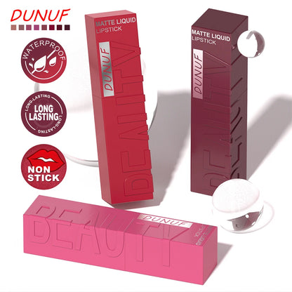 DUNUF  8-color matte velvet smooth easy-to-apply square tube lip gloss waterproof three-dimensional plumping lipstick