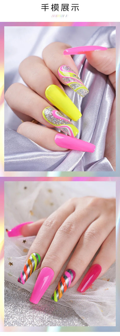 Neon Gel Nail Set Gel Pull Liner Glitter Nail Polish Kit UV/LED Fluorescent Color Gel DIY Manicure Painting Gel Nail Art Brushed