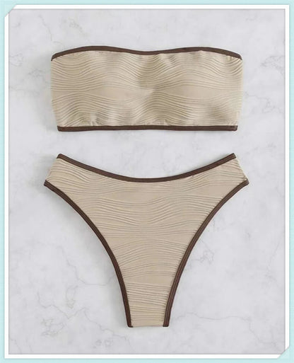 Sexy Bandeau High Waist Bikini 2023 Women Triangle Swimsuit Stitch Detail Swimwear Padded Bathing Suit Female Solid Beachwear