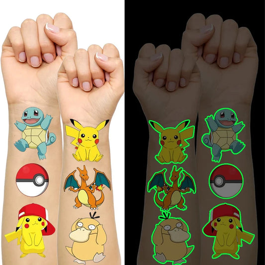 8pcs Luminous Pokemon Pikachu Cute Tattoo Stickers Arm Face Glowing Body Art Children Temporary Tattoo Kids Gift Party Supplies