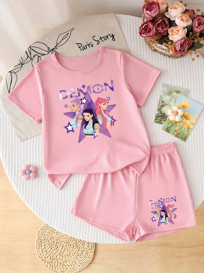 Kids Girls 2-Piece DEMON Idol Girl Print Short Sleeve Tee & Shorts Set Casual Summer Outfit