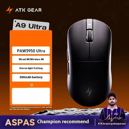 ATK DragonFly A9 Air Ultimate Wireless Gaming Mouse PAW3950 Ultra 42000DPI 750IPS 8KHz RGB Ergonomic Design for Windows MacOs