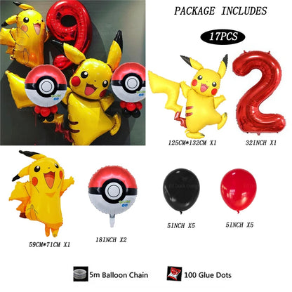 17pcs Pokemon Pikachu Theme Suit Balloon 40inch Red Number 1-9Foil Balls Children Birthday Party Decora Supplies Baby Shower