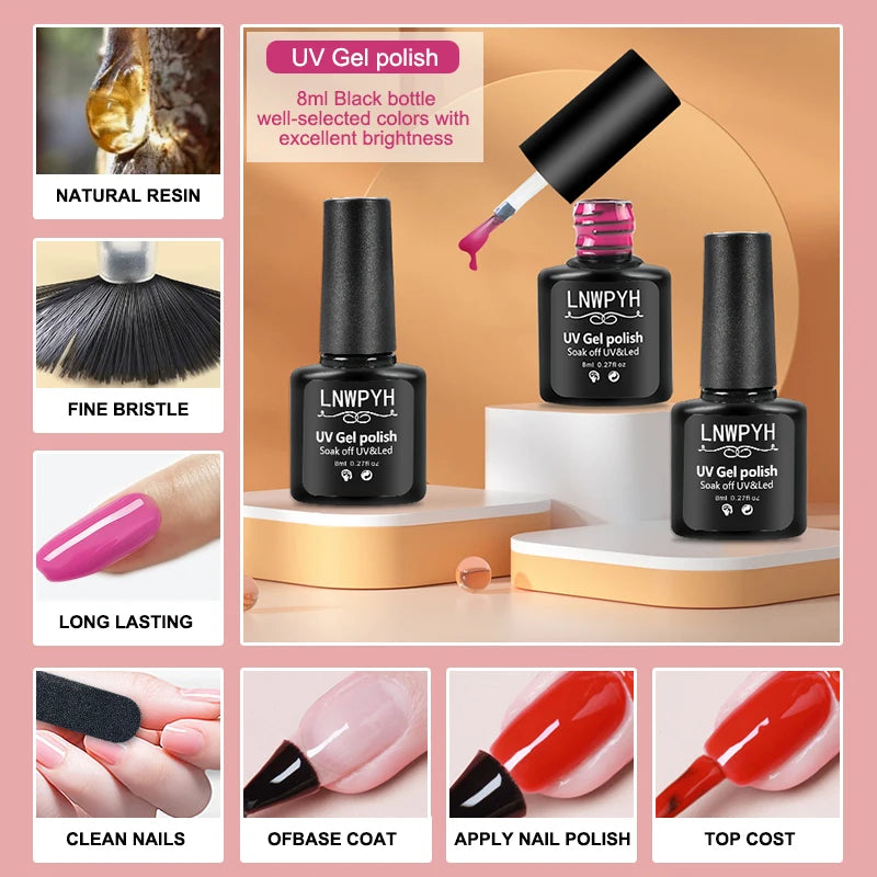 LNWPYH Gel Nail Polish Set Nail Gel Kit 26 Color Semi Permanent UV Led Gel Varnish Soak Off Nail Lacquers Base Coat Top Coat Kit
