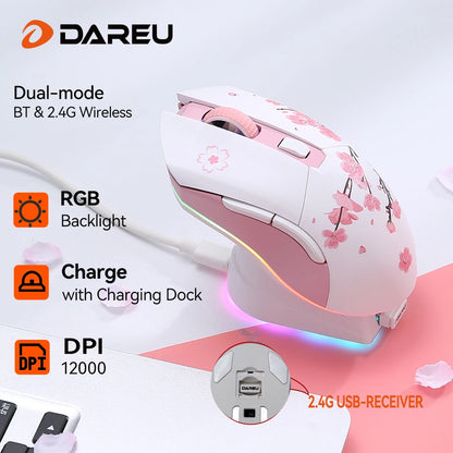 DAREU Dual Modes Gamer Mouse RGB 2.4G Wireless Wired Gaming Mice Built-in 930mAh Recharging Battery with Macro Set for PC Laptop