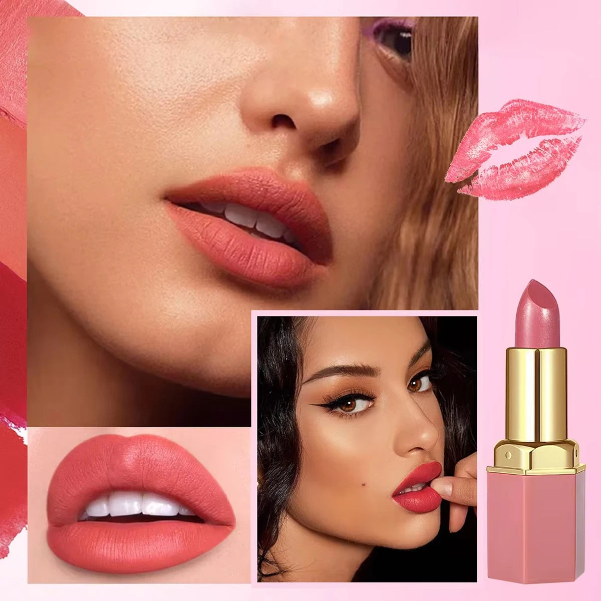 6 Colors Gold Bar Tube Lipstick Matte Texture Pearlescent Glitter Velvet Lipstick Valentine's Day Gift 1PCS
