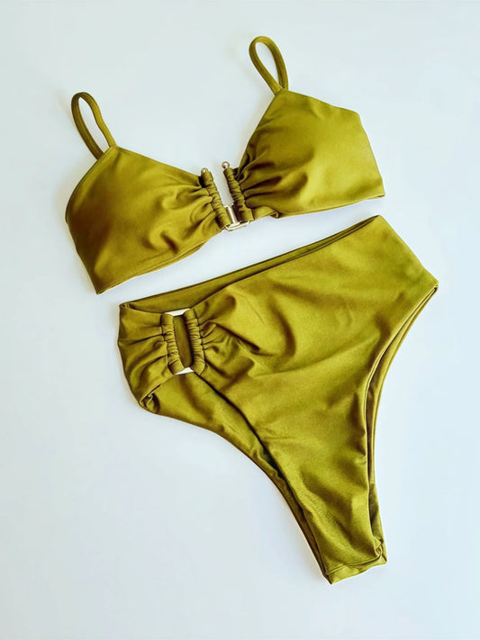 2026 New Solid Color Split Bikini Set Women'S Swimsuit 2-Piece Set U-Shaped Metal Decoration Multi-Color Beach Women'S Swimwear