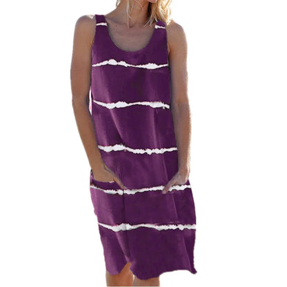 Summer Women's round Neck Printed Striped Vest Dress with Pockets European And United States Style Casual Maxi Dress