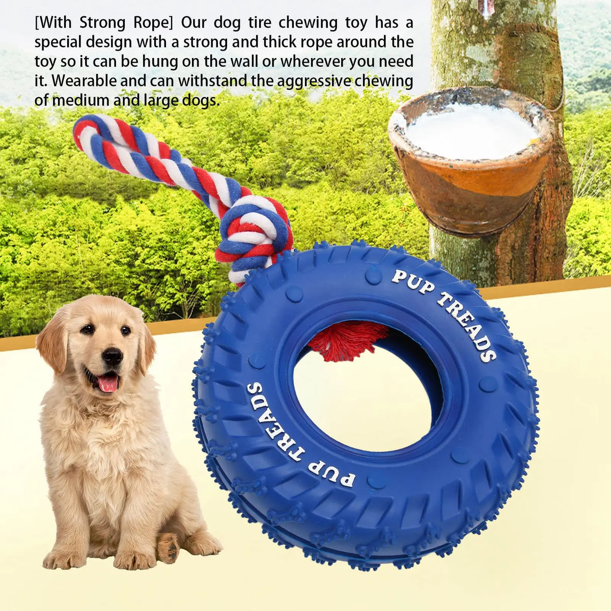 Natural Rubber Tire & Organic Cotton Rope Heavy Duty Dog Toy - Large Breed Indestructible Tug of War Chew Toy