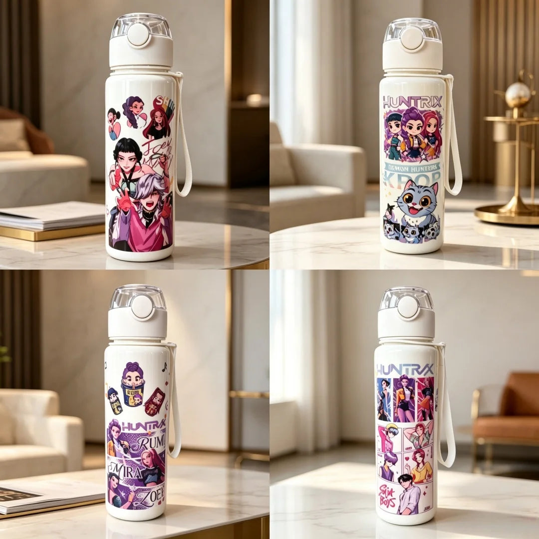 Kids' K-Pop HUNTRX "White Edition" 700ML Water Bottle: 3D Comic Art Leak-Proof Flask