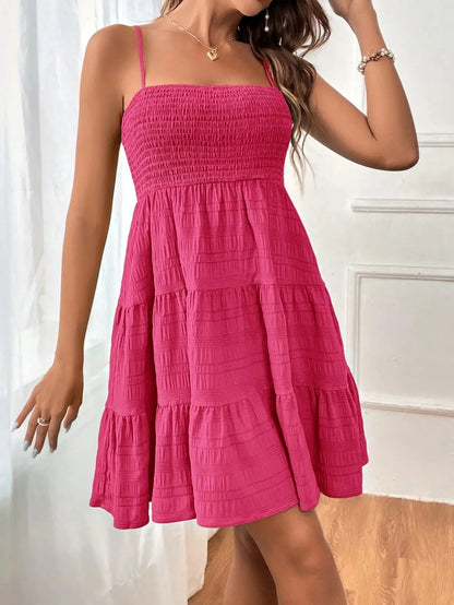 Women's Fashion Spaghetti Strap Smocked Bustier Mini Dress Blue Ruffled Tiered Swing Dress Summer Casual Vacation Beach Wear
